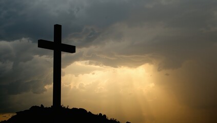 Cross outline illuminated by sunlight under turbulent clouds, representing spiritual perseverance in adversity, religious symbolism