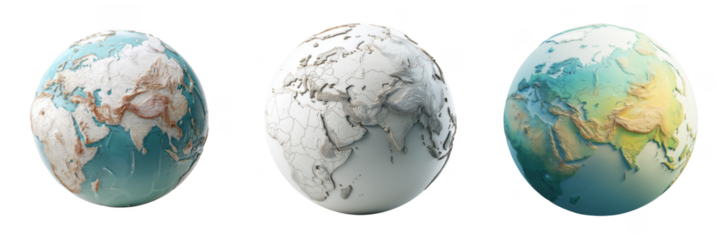 Set Of Detailed World Globe Models With Textured Terrain And Geographic Relief Isolated on Transparent Background