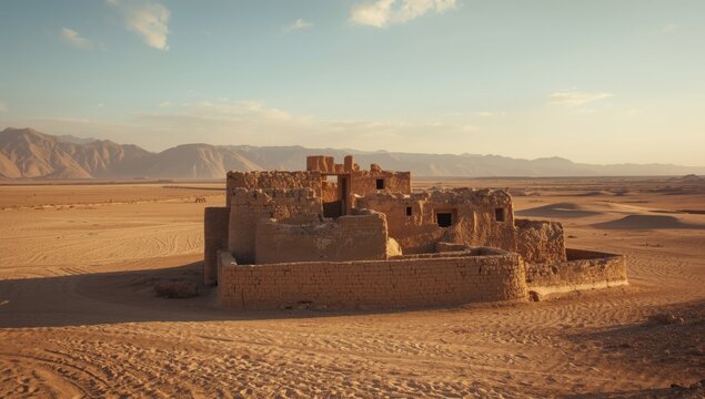 Deserted mud-built houses within a rural landscape, emphasizing erosion and architectural preservation issues