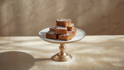 Blonde brownie positioned on a globe stand as a creative dessert arrangement, food presentation skills