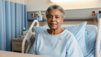 Obraz premium Senior African-American patient in hospital bed, healthcare and recovery in clinical setting