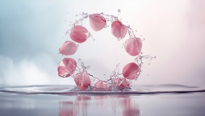 Capturing falling rose petals with water splash in motion, suitable for background textures and layout design