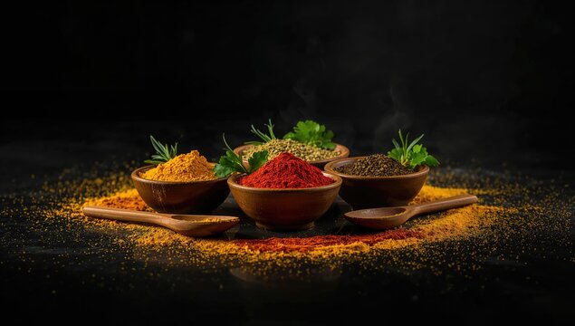 Assorted vibrant spices and condiments, used to enhance food taste and presentation, culinary ingredients - Powered by Adobe