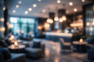 Fototapeta premium Cool toned bokeh blur in luxury coffee house lobby for design backdrop