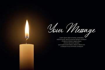 Candle Light, Vector Illustration with Burning Flame on Dark Background. Memorial and Sympathy Horizontal Card Template. Spiritual, Calm Design For Remembrance, Meditation, Condolence and Invitation