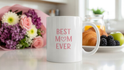 Mother&rsquo;s Day mug with "Best Mom Ever" text on kitchen counter, gifting and celebration in family setting