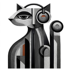 Abstract Cat Wearing Headphones, Modern Geometric Illustration