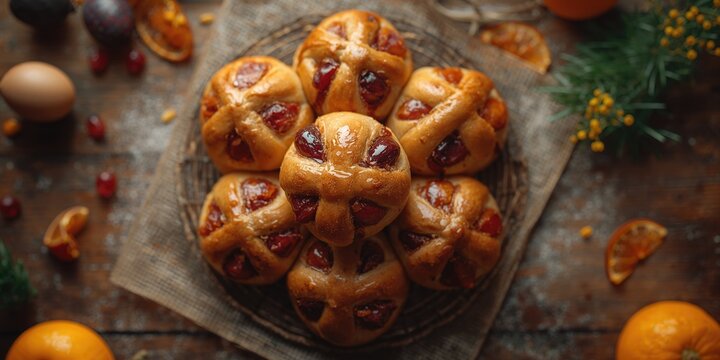 Fruit-filled hot cross buns with glaze, made from yeast and sourdough, intended for bakery service or culinary production