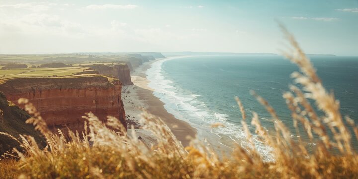 Seaside resort town featuring reddish limestone cliffs from the Lower Cretaceous period, highlighting geological preservation