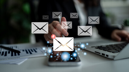 An email inbox with a new message notification alert. A concept of digital communication, correspondence, and unread electronic mail. Motif