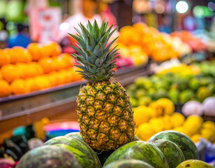 Vibrant closeup of a fresh pineapple atop watermelons in a bustling local market. Perfect for health, travel, or culinary projects highlighting organic tropical produce and a healthy diet.