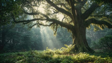 Vintage forest scene with moss-covered trees and sunlight filtering through, highlighting preservation and ecological cycles