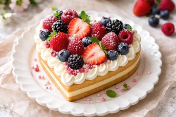 Appetizing heart shaped dessert crafted by hand with cream and berry mix