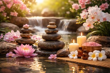 Relaxing zen spa scene with blooming flowers and balanced rock arrangements