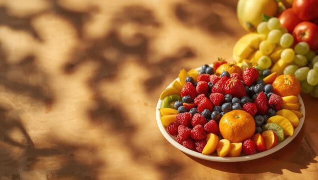 Vibrant fruit salad with assorted fresh fruits like orange, strawberry, mango, and grapes, emphasizing healthy eating, World Health Day - Powered by Adobe