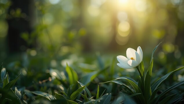 White flower in full bloom within a forest, designed as a background for editorial headers, highlighting natural beauty