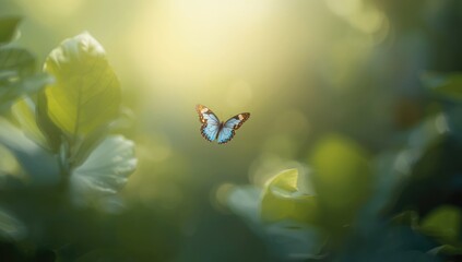 Tiny butterfly in mid-flight, highlighting insect mobility and natural setting, seasonal change