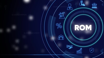 Business finance concept with R O M acronym and neon on dark blue background with bokeh lights