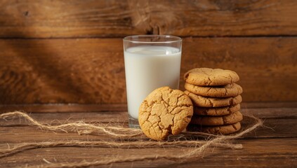 Freshly baked cookies with a glass of milk on a wooden table, highlighting snack serving setup