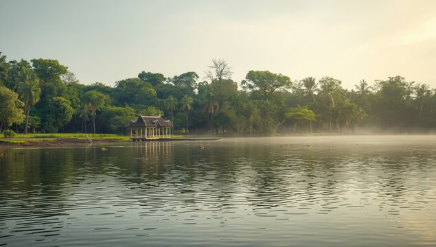 A tranquil shrine close to the Baray showing religious architecture and serene surroundings
