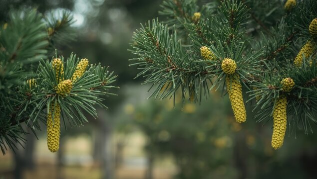Cedrus libani branches displaying male cones and yellow pine cone flowers, highlighting natural growth patterns