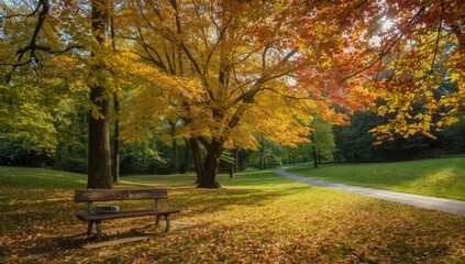 Outdoor park bench surrounded by colorful autumn foliage, illustrating seasonal transition