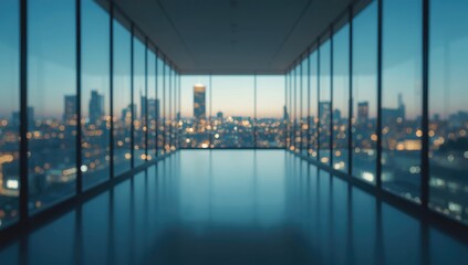 Out-of-focus glass partition in a corporate office setting with urban skyline view, ideal for layout or presentation backdrops