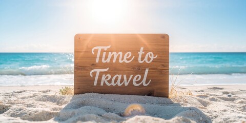 Fototapeta premium Time to Travel wooden sign with a beach on background, serving as a scenic travel route marker