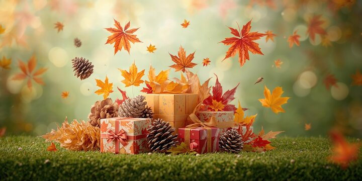 Seasonal autumn objects laid out on a vibrant green surface, ideal for background design or layout purposes