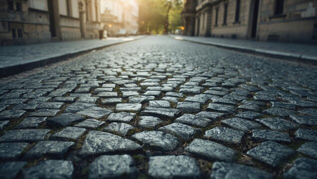 Granite cobblestone pathway in a historic city street, emphasizing traditional construction techniques