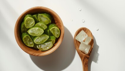 Top-down view of Aloe vera cuttings in a wooden dish with gel portions on a white surface, highlighting plant-based remedies