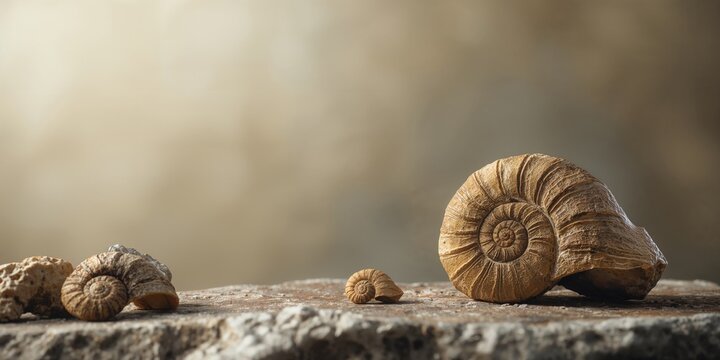 Fossilized ammonites along with molds and casts, showcasing natural mineral replacement, Earth Day