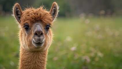 Obraz premium Vertical shot of a llama's head amidst grass and natural surroundings, highlighting mammal features, Earth Day