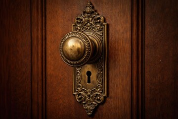 Obraz premium Detailed image of retro round door knob fixed on ornamental metal plate with keyhole over wooden door background
