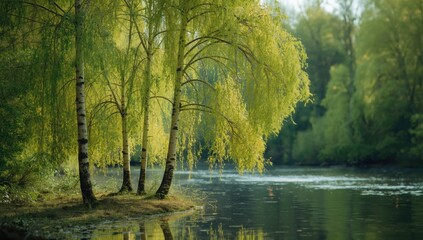 Riverbank scene with two birch trees and lush greenery during spring, emphasizing seasonal growth and natural scenery
