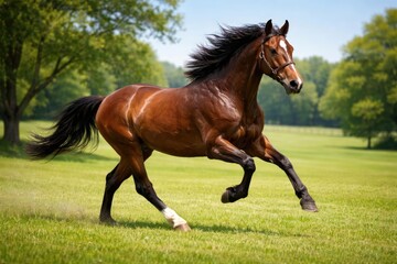 Fototapeta premium Lively pet horse racing across soft green lawn with full length view on a peaceful summer day