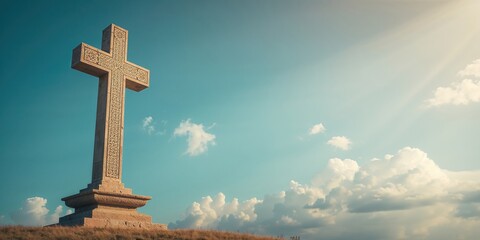 Granada's stone cross under a bright blue sky with sunlight emphasizing its grandeur, a symbol of faith and history