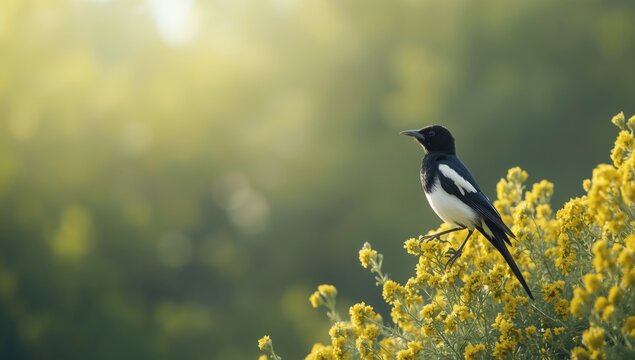 Robin or Magpie among mustard plants, highlighting natural foraging, Bangladesh National Bird