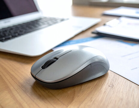 A sleek ergonomic wireless mouse rests on a warm wooden desk. Perfect for technology and business concepts, this shot captures modern office productivity and efficient digital navigation.
