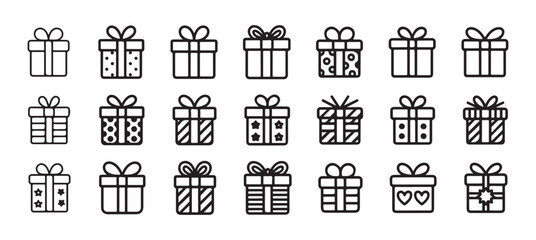 Gift Box Line Icons Set. Outline Present Icon, Minimal Gift and Present Vector, Black and White Gift Box, Simple Festive Gift Icon. vector illustration eps 10