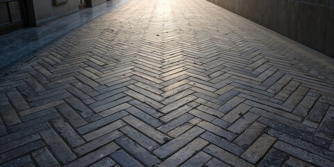 Brick tile floor with textured chevron pattern serving as a walkway surface, highlighting durable outdoor material