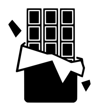 Black and white of a chocolate bar with wrapper partially open and a piece broken off candy sweet