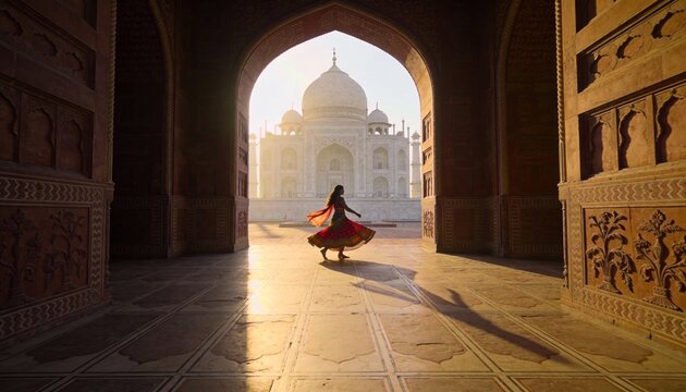 Traditional Indian woman spinning in a colorful lehenga choli in front of the Taj Mahal during a golden sunrise