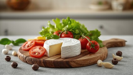 Cheese varieties including camembert and brie arranged with fresh tomatoes lettuce and garlic on wooden board, emphasizing dairy product freshness, National Dairy Month