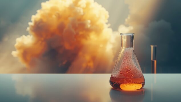 Laboratory glass flask containing solution in a science lab, emphasizing research and testing procedures