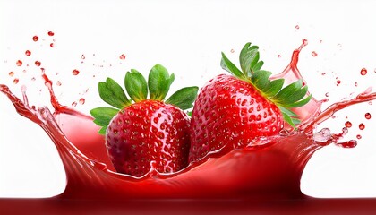 fresh strawberries splashing in red juice isolated on transparent cutout background