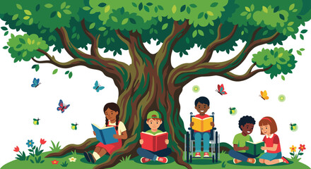 Diverse children reading books under big tree including boy in wheelchair enjoying literature learning outdoors for school education literacy friendship in summer nature park garden.