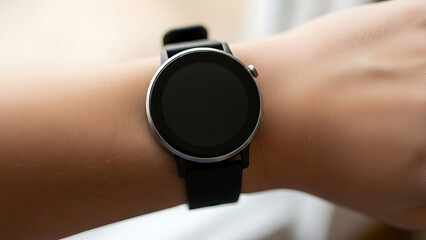 Sleek black smartwatch with a blank screen worn on a human wrist, symbolizing modern wearable technology, digital connectivity, and convenience for everyday living