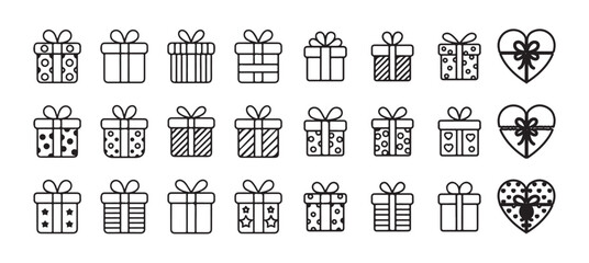 Gift Box Line Icons Set. Outline Present Icon, Minimal Gift and Present Vector, Black and White Gift Box, Simple Festive Gift Icon. vector illustration eps 10