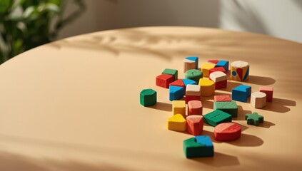 Colorful geometric puzzle toys with numbers on a beige surface, aimed at preschool and kindergarten classroom use